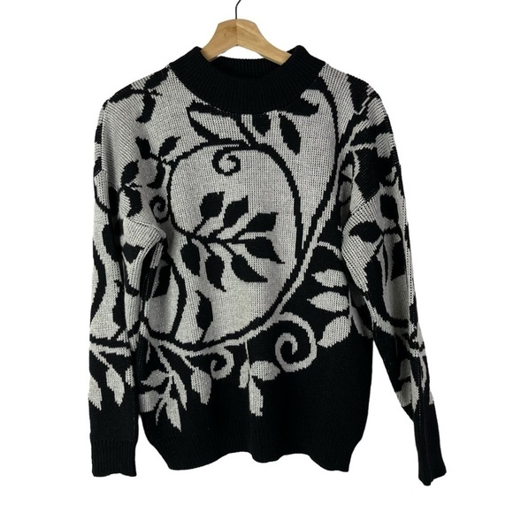 Vintage Sweaters - Vintage Rave Black & Silver Metallic Leaf Print Pullover Sweater S